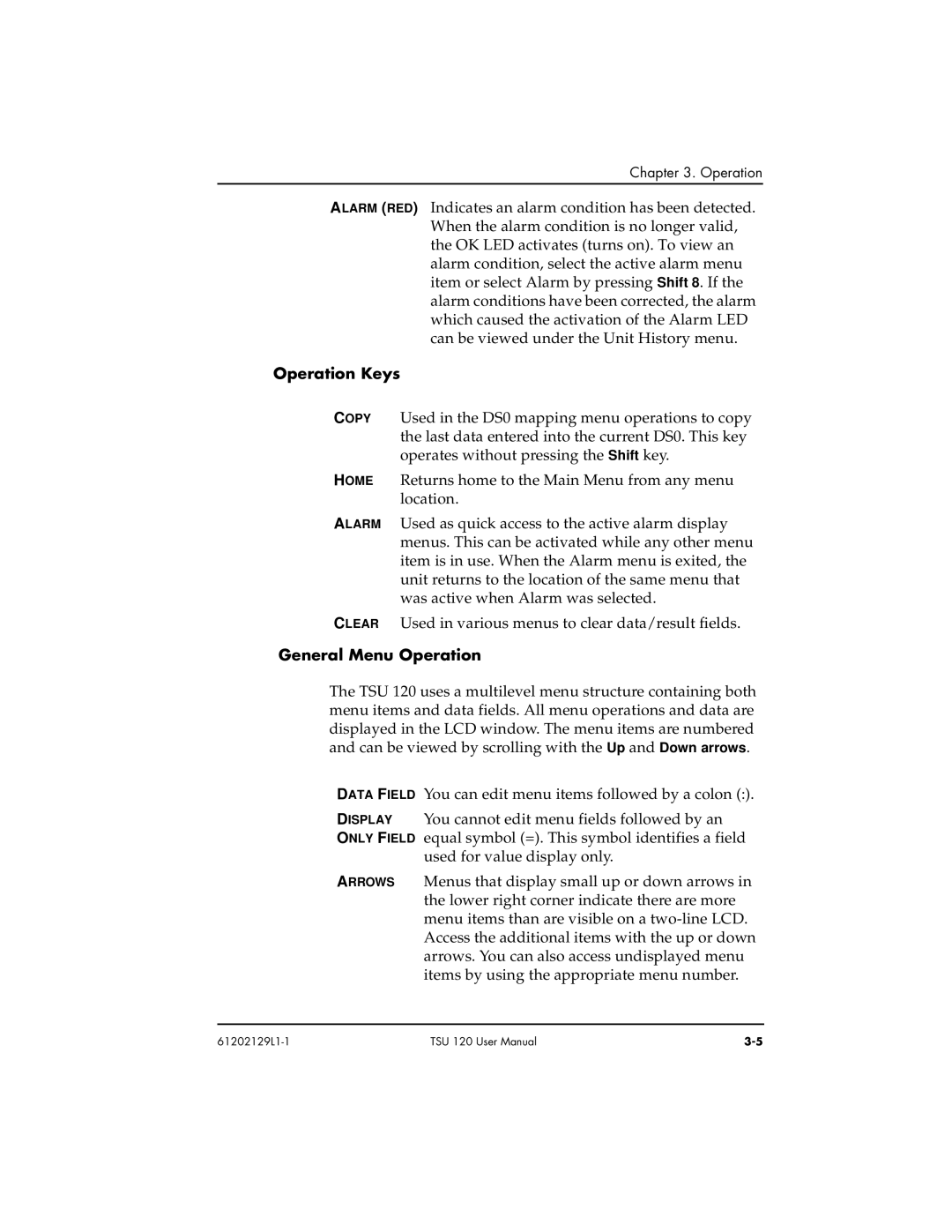 ADTRAN TSU 120e user manual Operation Keys, General Menu Operation 