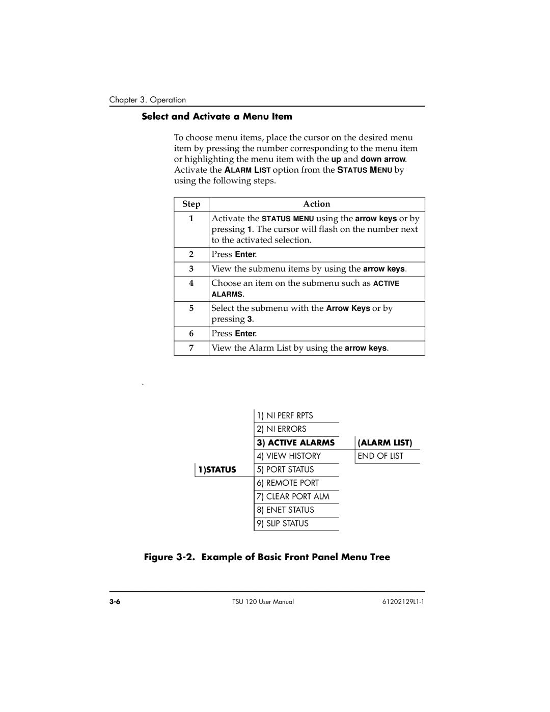 ADTRAN TSU 120e user manual Select and Activate a Menu Item, Step Action 