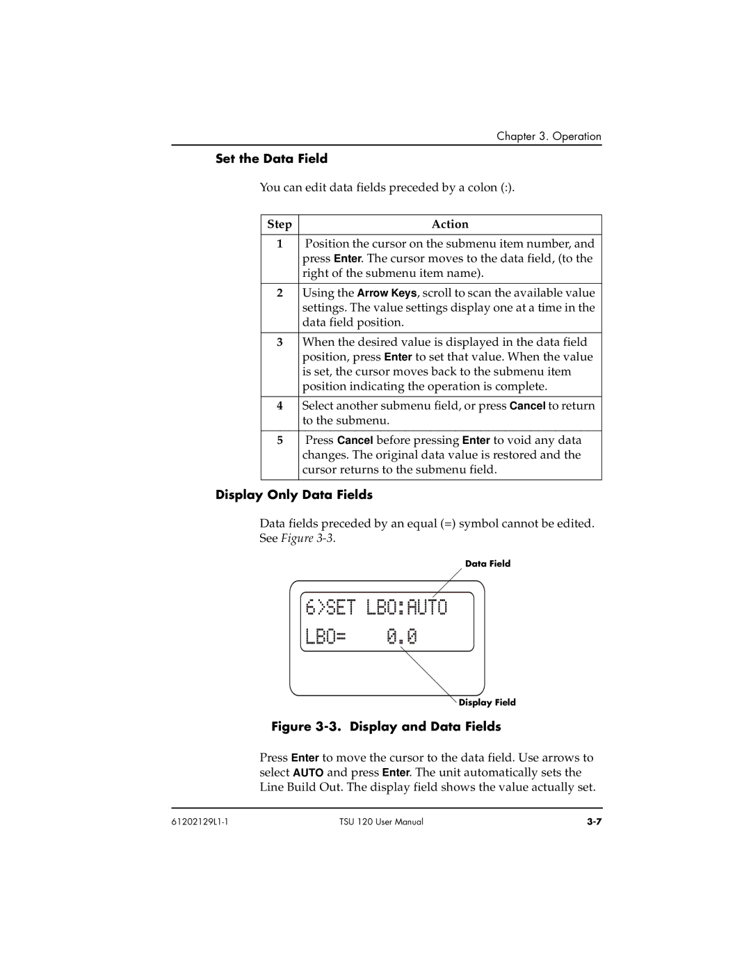 ADTRAN TSU 120e user manual Set the Data Field, Display Only Data Fields 