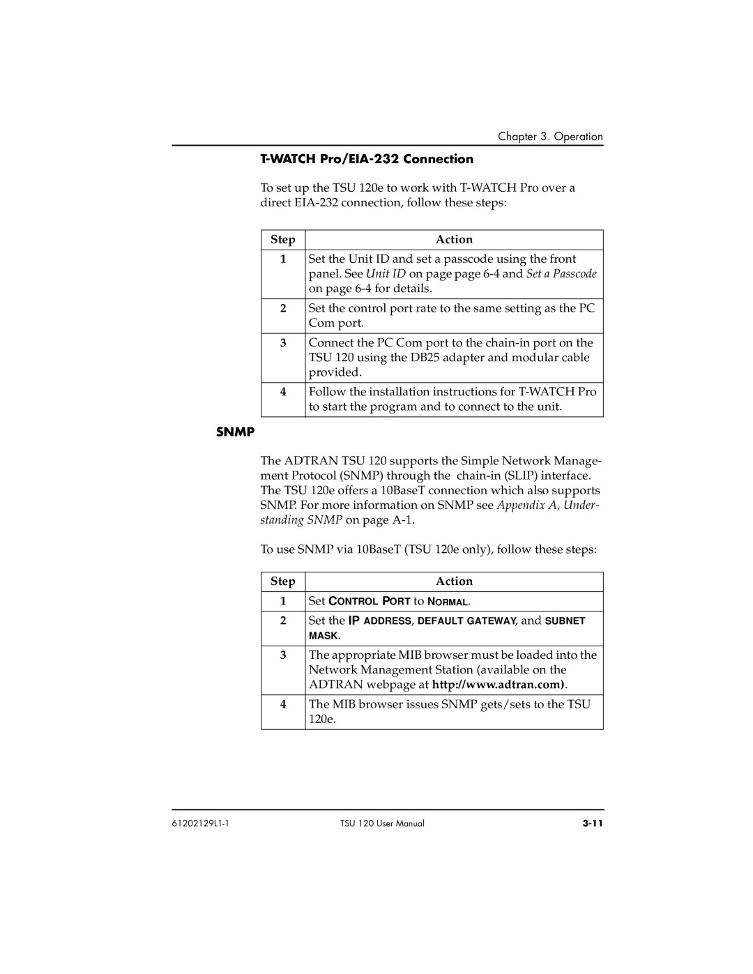 ADTRAN TSU 120e user manual Watch Pro/EIA-232 Connection, Snmp 