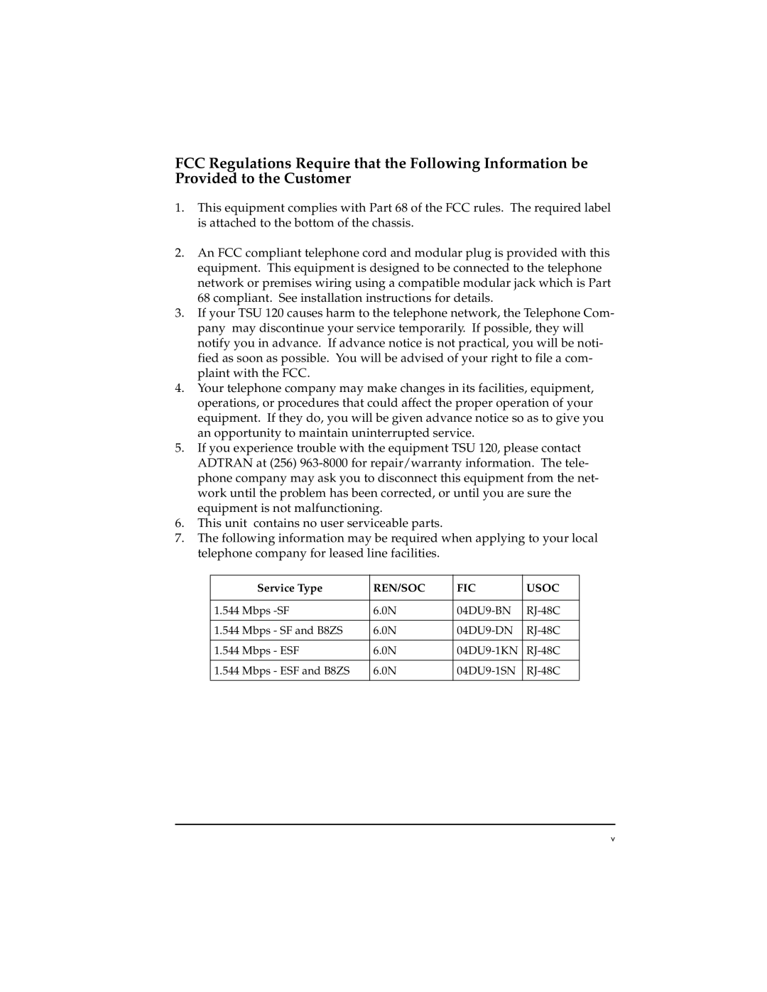 ADTRAN TSU 120e user manual REN/SOC FIC Usoc 