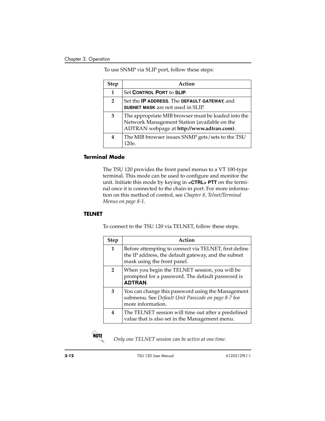 ADTRAN TSU 120e user manual Terminal Mode, Telnet 