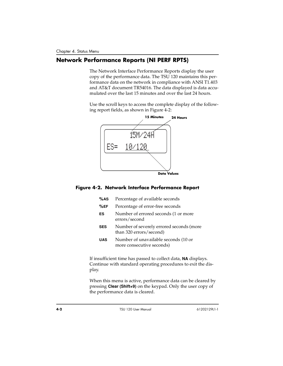 ADTRAN TSU 120e user manual Network Performance Reports NI Perf Rpts, Network Interface Performance Report 