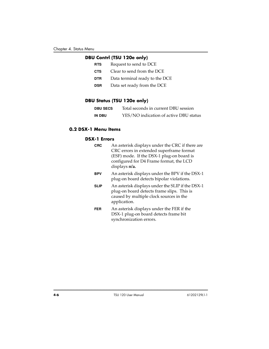 ADTRAN user manual DBU Contrl TSU 120e only, DBU Status TSU 120e only, YES/NO indication of active DBU status 