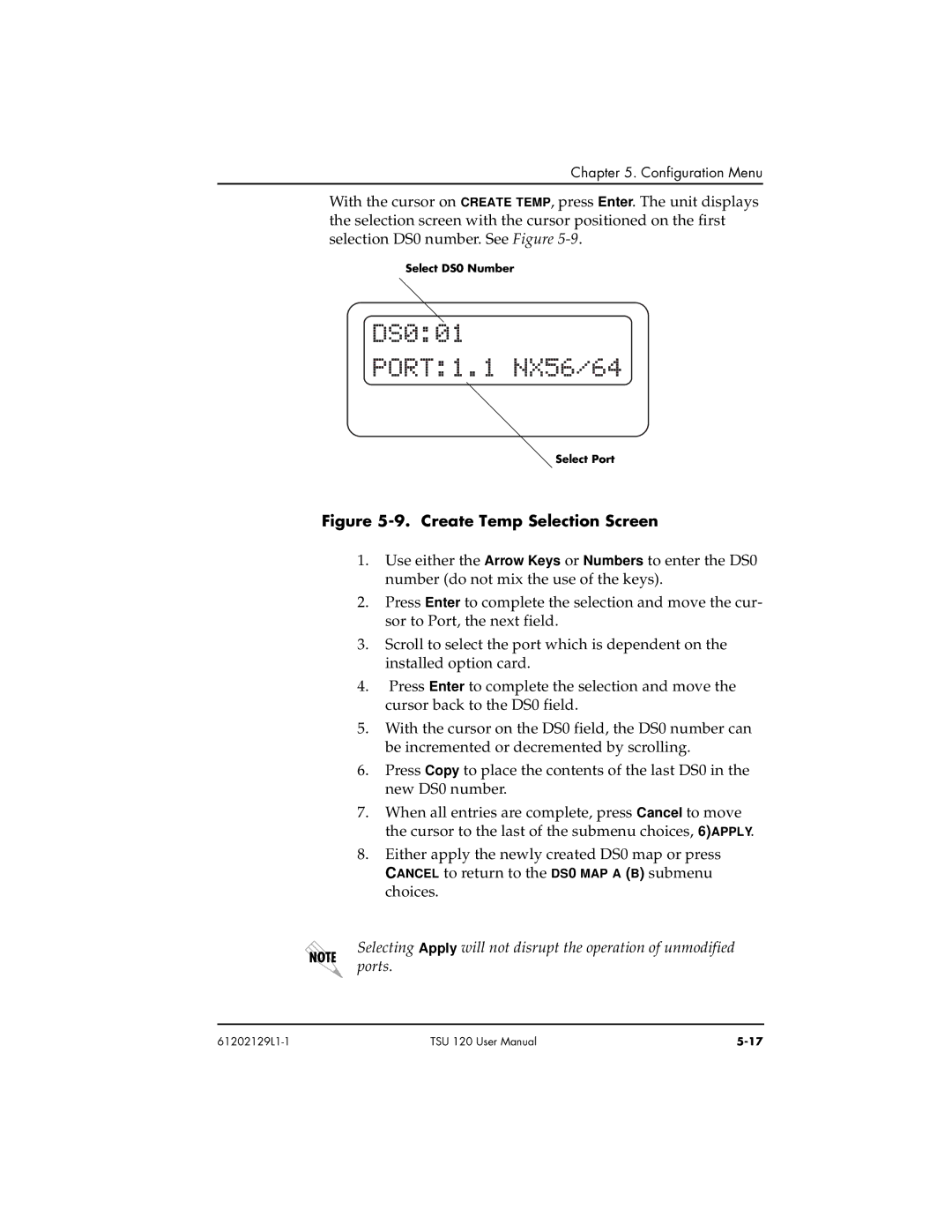 ADTRAN TSU 120e user manual Create Temp Selection Screen 