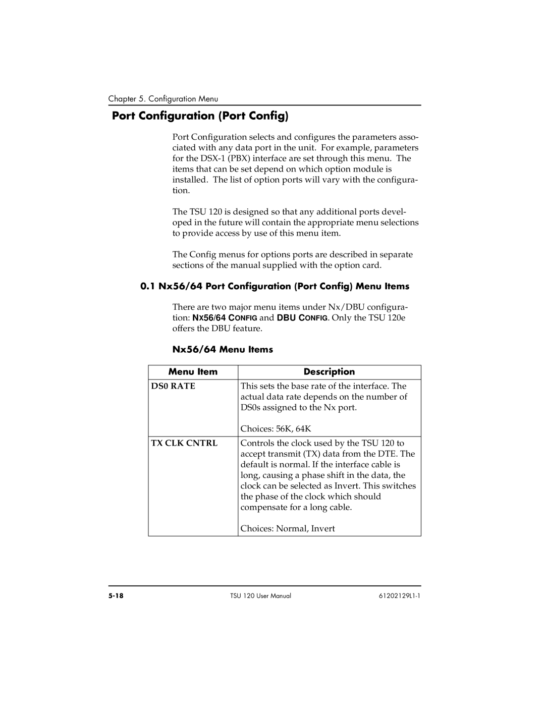 ADTRAN TSU 120e Nx56/64 Port Configuration Port Config Menu Items, Nx56/64 Menu Items Description, DS0 Rate 