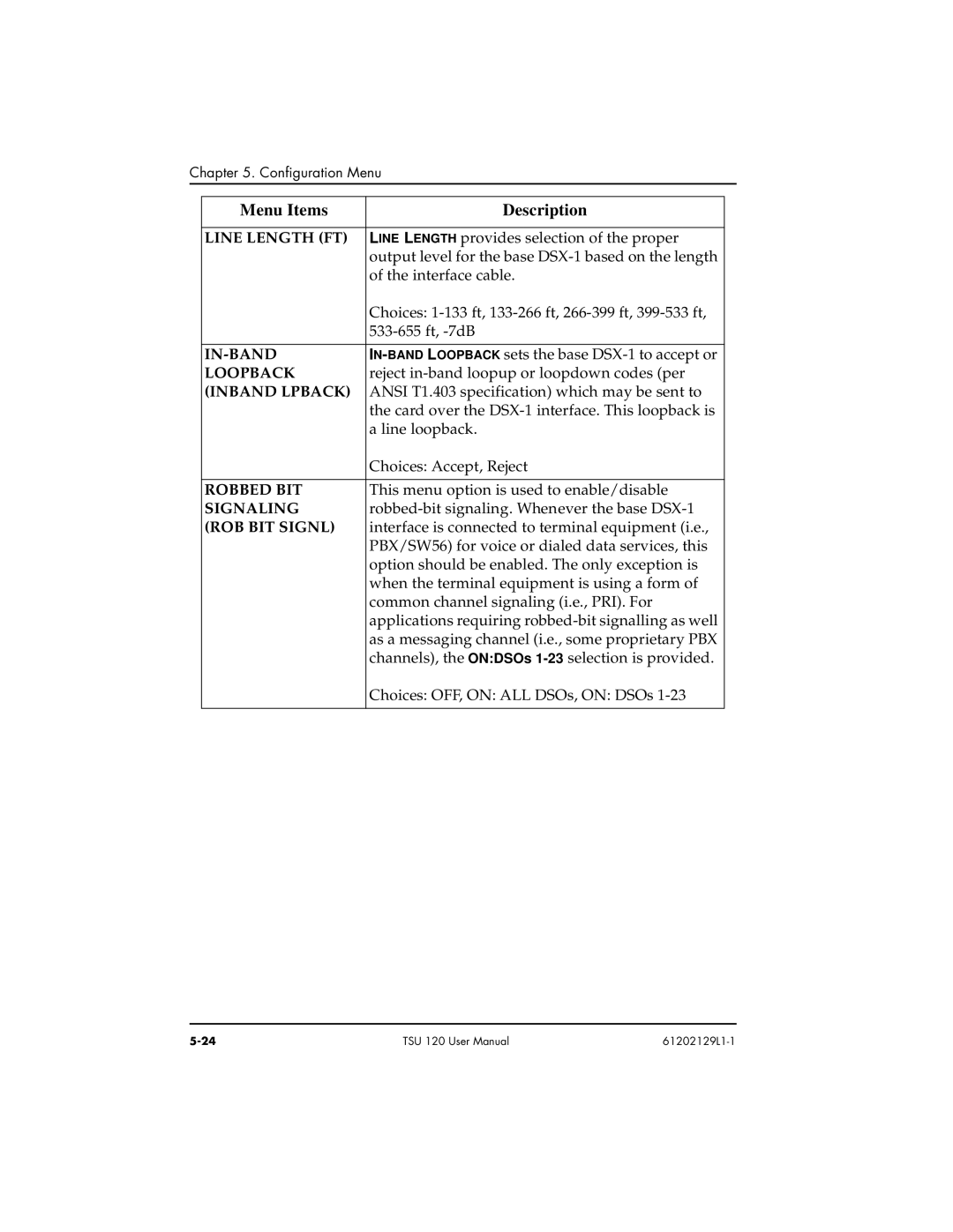 ADTRAN TSU 120e user manual Line Length FT, In-Band, Loopback, Inband Lpback, Robbed BIT, Signaling, ROB BIT Signl 