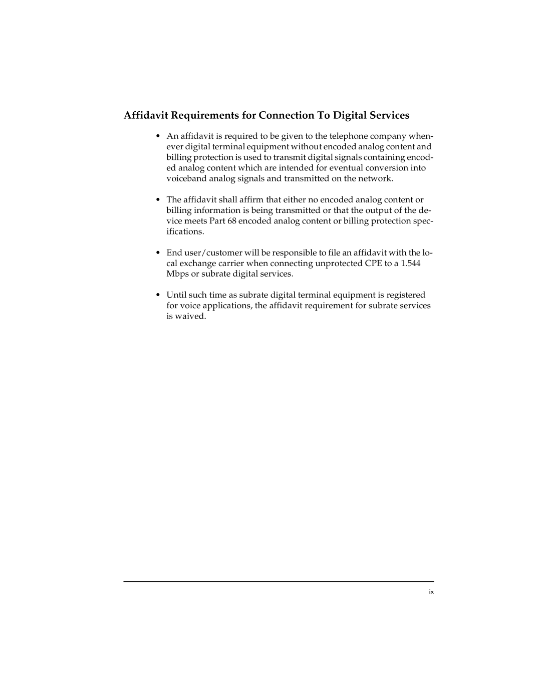 ADTRAN TSU 120e user manual Affidavit Requirements for Connection To Digital Services 