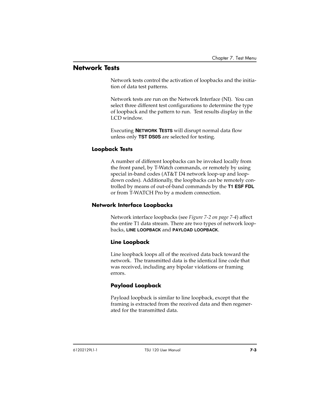 ADTRAN TSU 120e user manual Network Tests, Loopback Tests, Network Interface Loopbacks, Line Loopback, Payload Loopback 