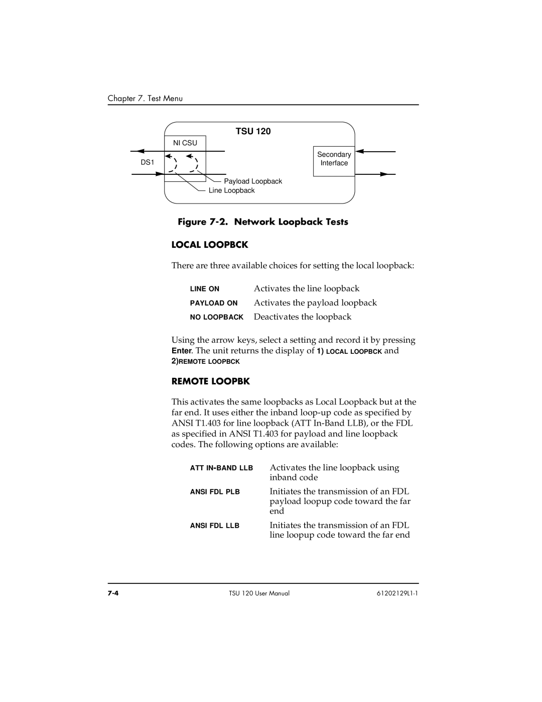 ADTRAN TSU 120e user manual Network Loopback Tests, Activates the line loopback 