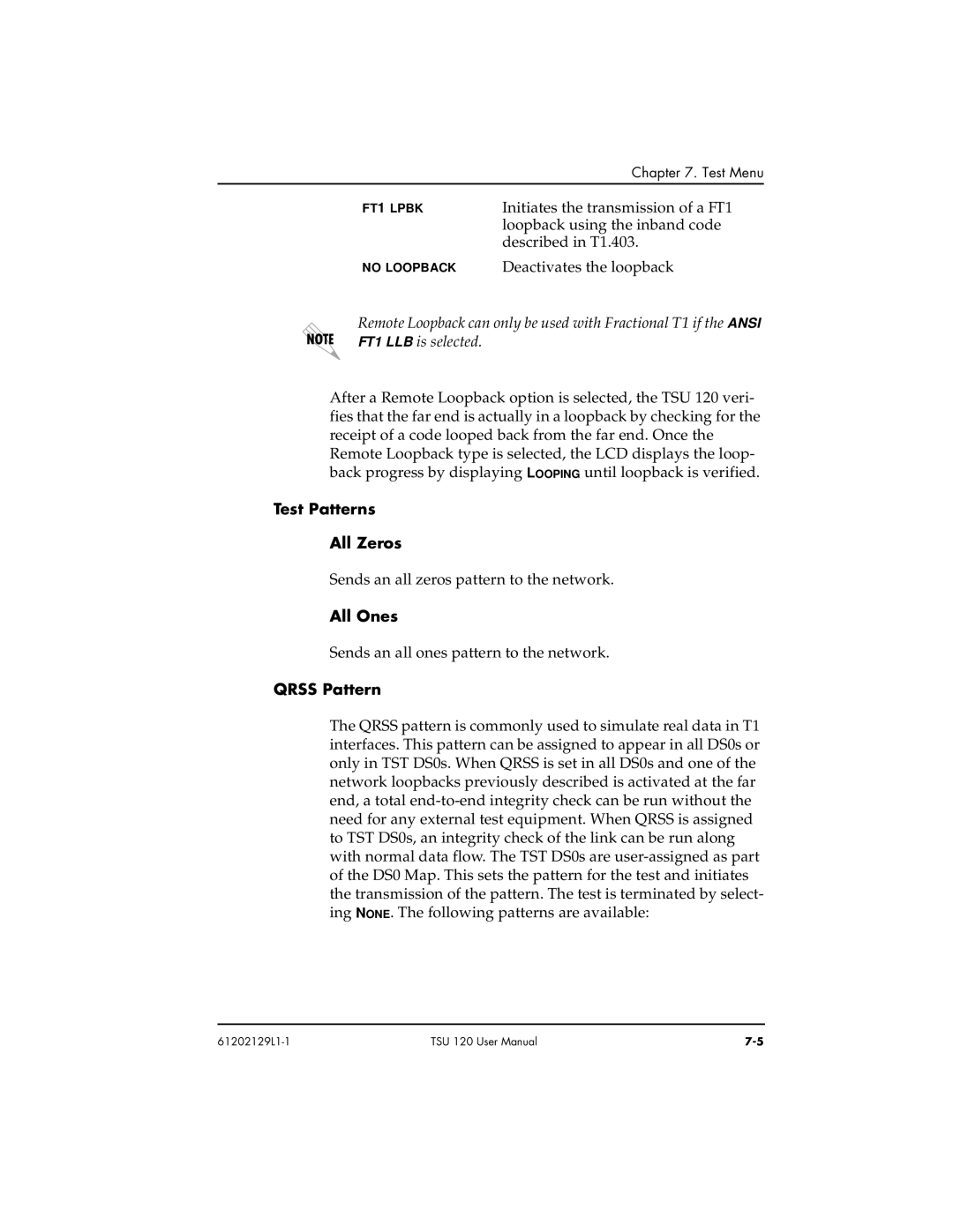 ADTRAN TSU 120e user manual Test Patterns All Zeros, All Ones, Qrss Pattern 