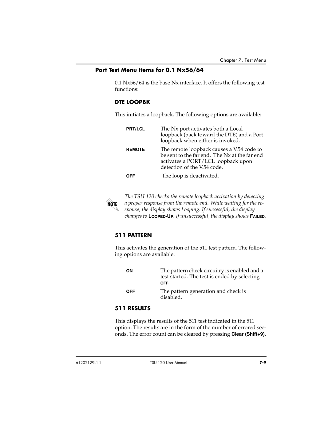 ADTRAN TSU 120e user manual Port Test Menu Items for 0.1 Nx56/64, Loop is deactivated 