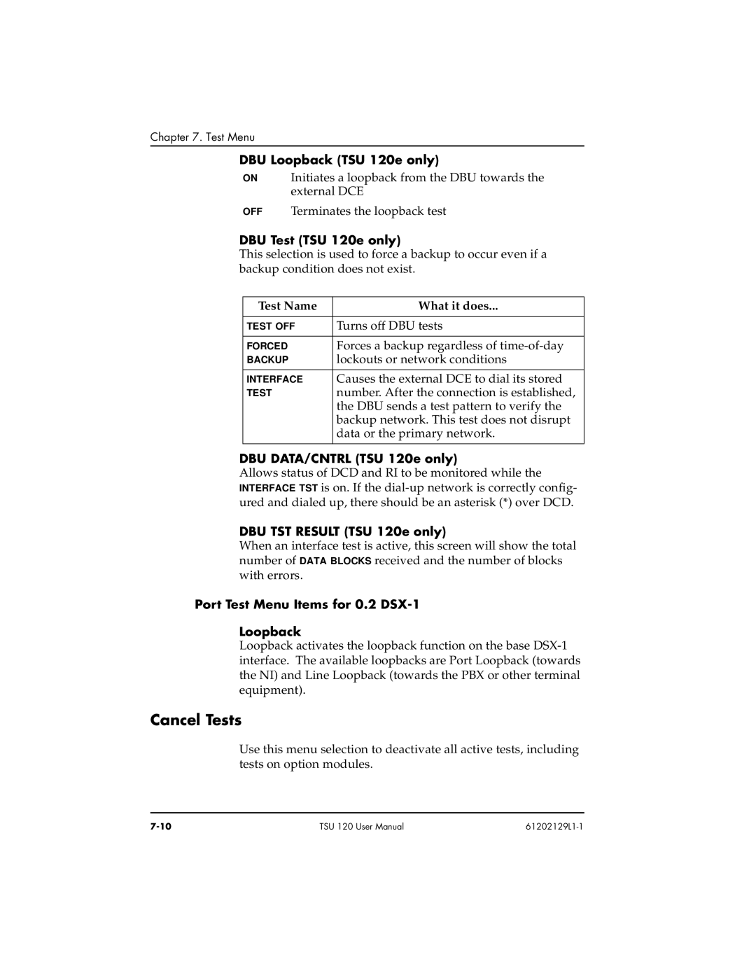 ADTRAN user manual Cancel Tests, DBU Loopback TSU 120e only, DBU Test TSU 120e only, DBU TST Result TSU 120e only 