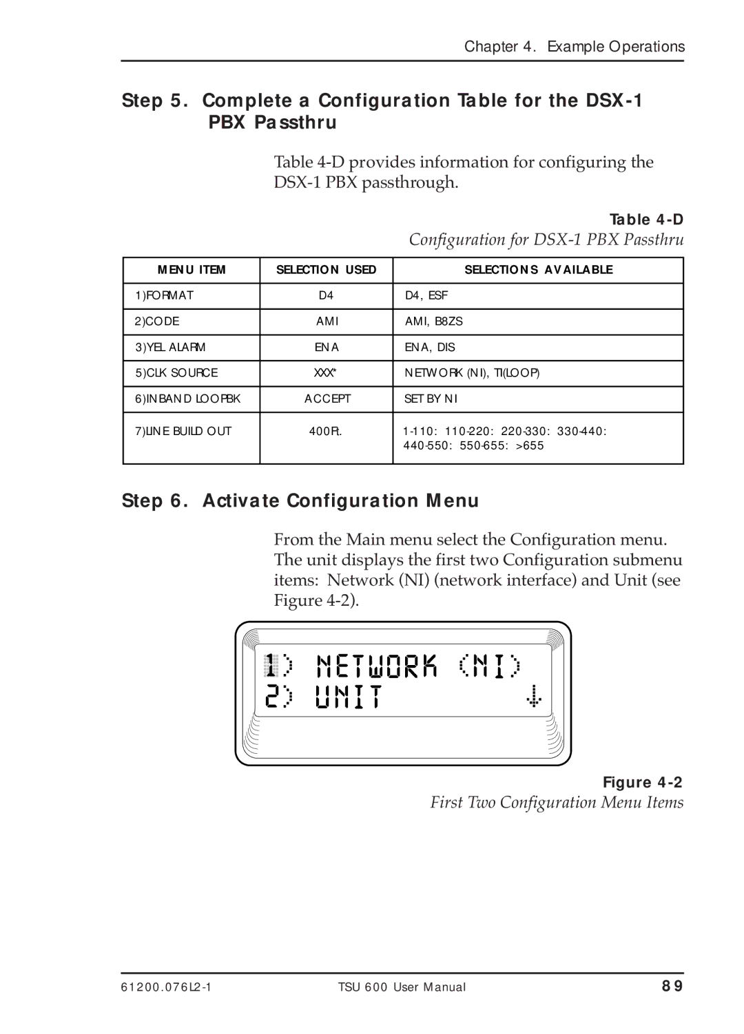 ADTRAN TSU 600 user manual Complete a Configuration Table for the DSX-1 PBX Passthru, Activate Configuration Menu 