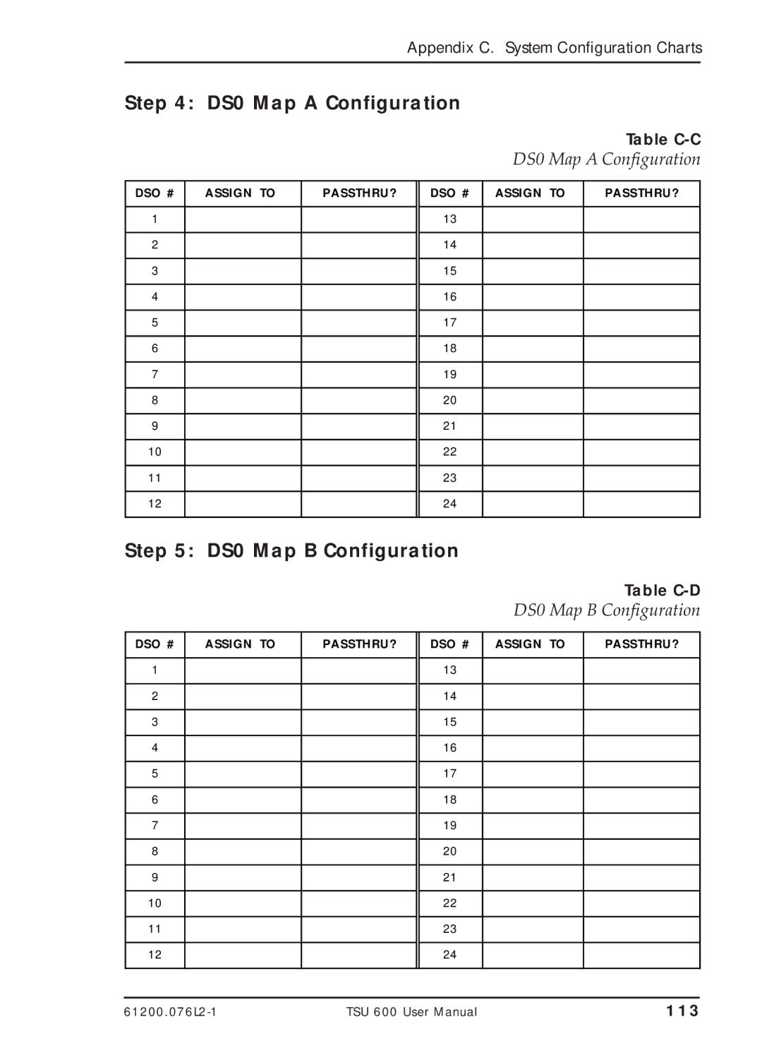 ADTRAN TSU 600 user manual DS0 Map a Configuration, DS0 Map B Configuration 