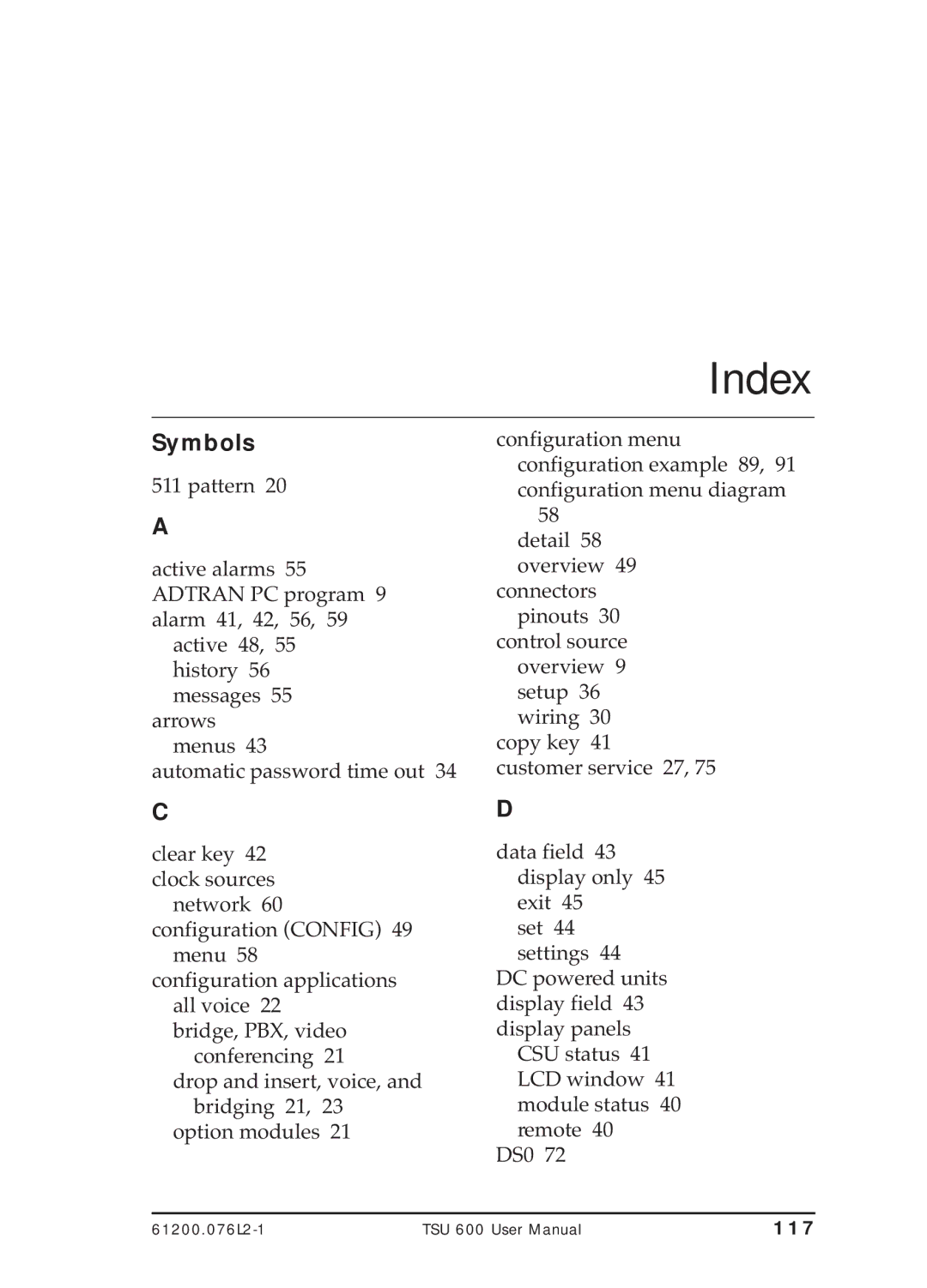 ADTRAN TSU 600 user manual Index, Symbols 