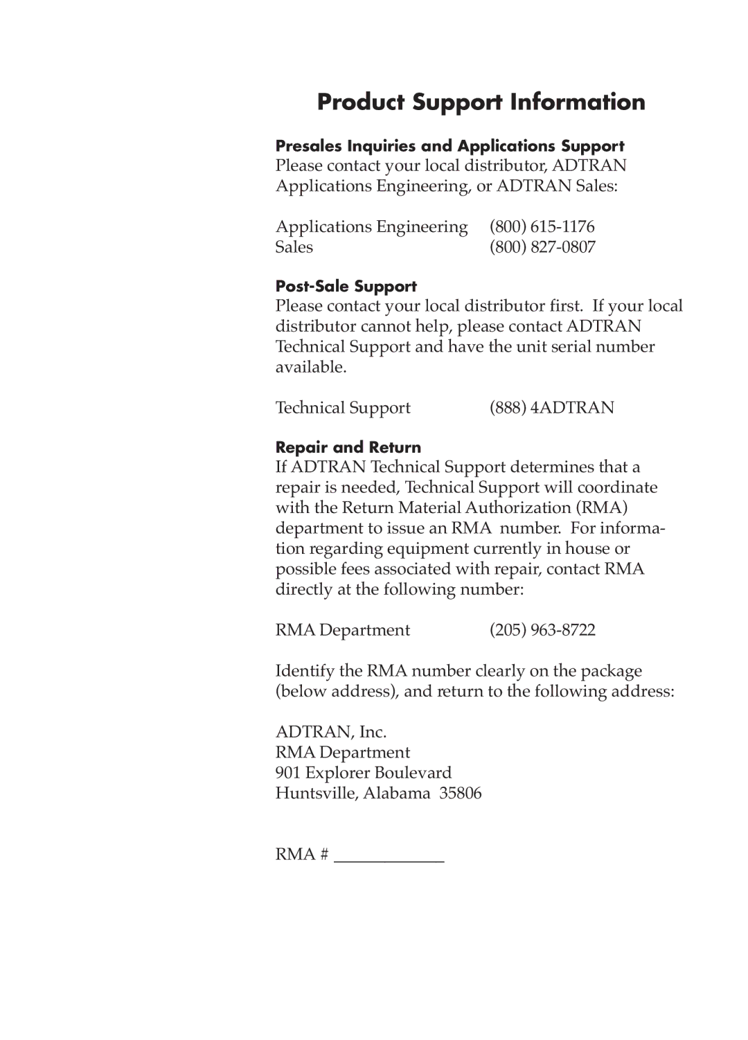 ADTRAN TSU 600 user manual Product Support Information 