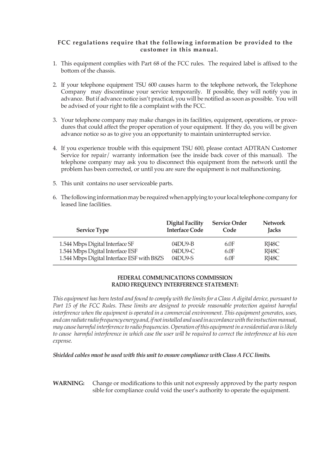 ADTRAN TSU 600 user manual Service Type 