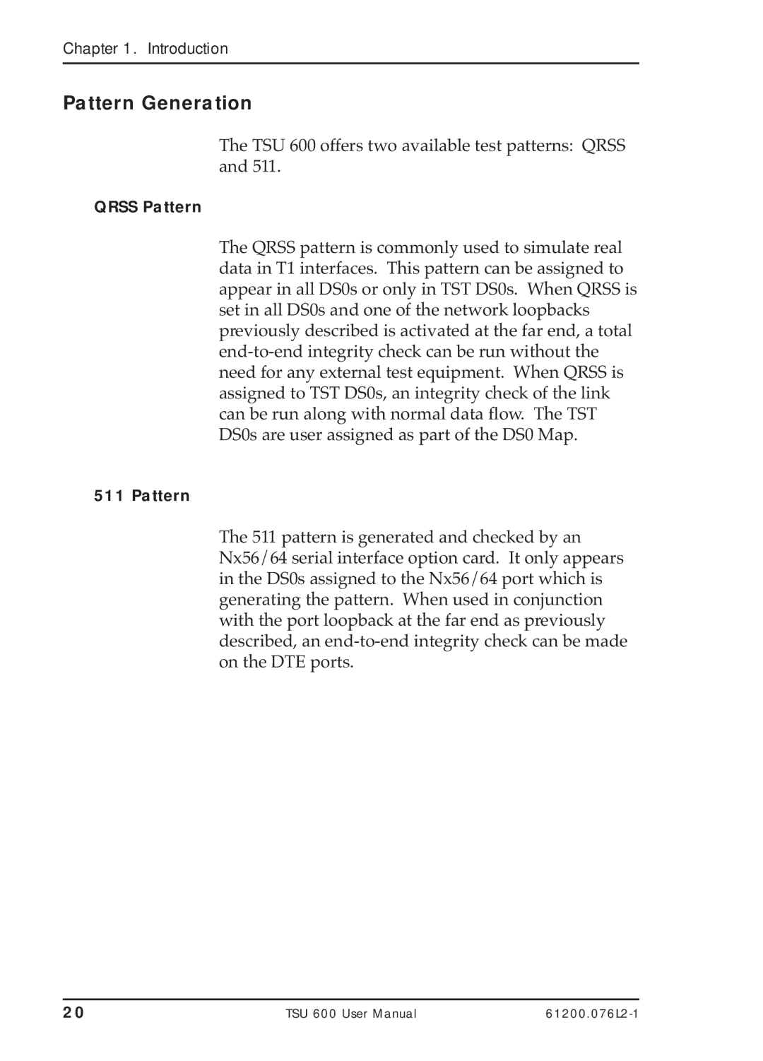 ADTRAN TSU 600 user manual Pattern Generation 