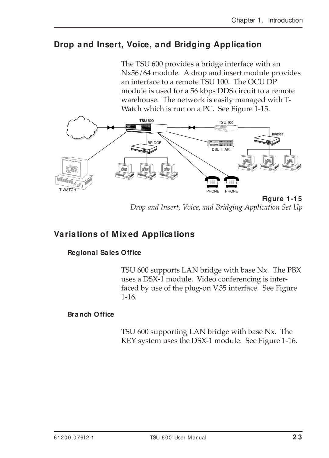 ADTRAN TSU 600 user manual Drop and Insert, Voice, and Bridging Application, Variations of Mixed Applications 