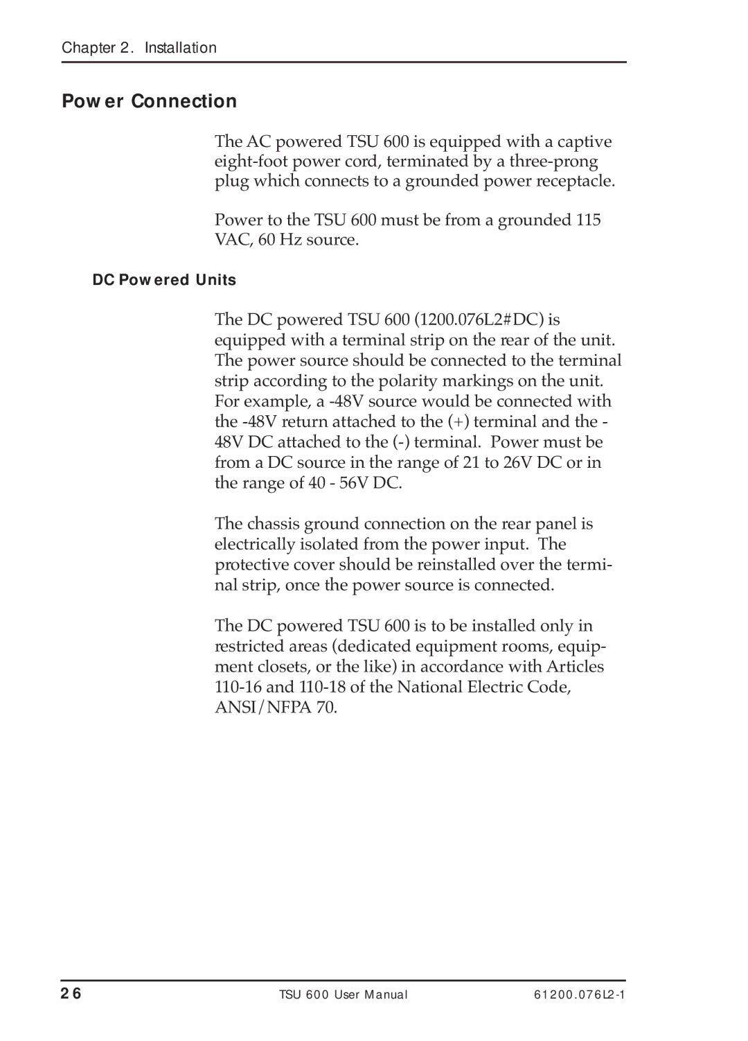 ADTRAN TSU 600 user manual Power Connection 