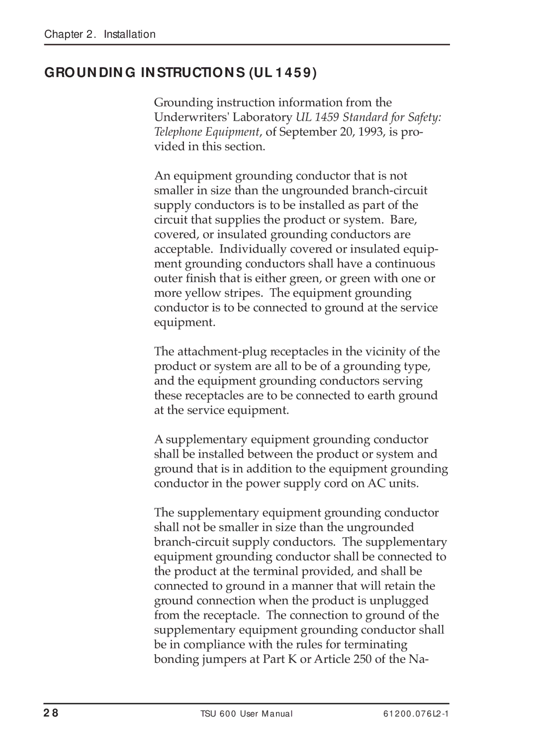 ADTRAN TSU 600 user manual Grounding Instructions UL 