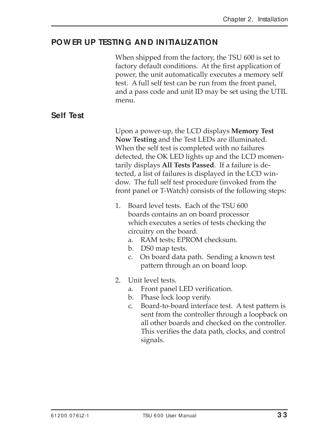 ADTRAN TSU 600 user manual Power UP Testing and Initialization, Self Test 