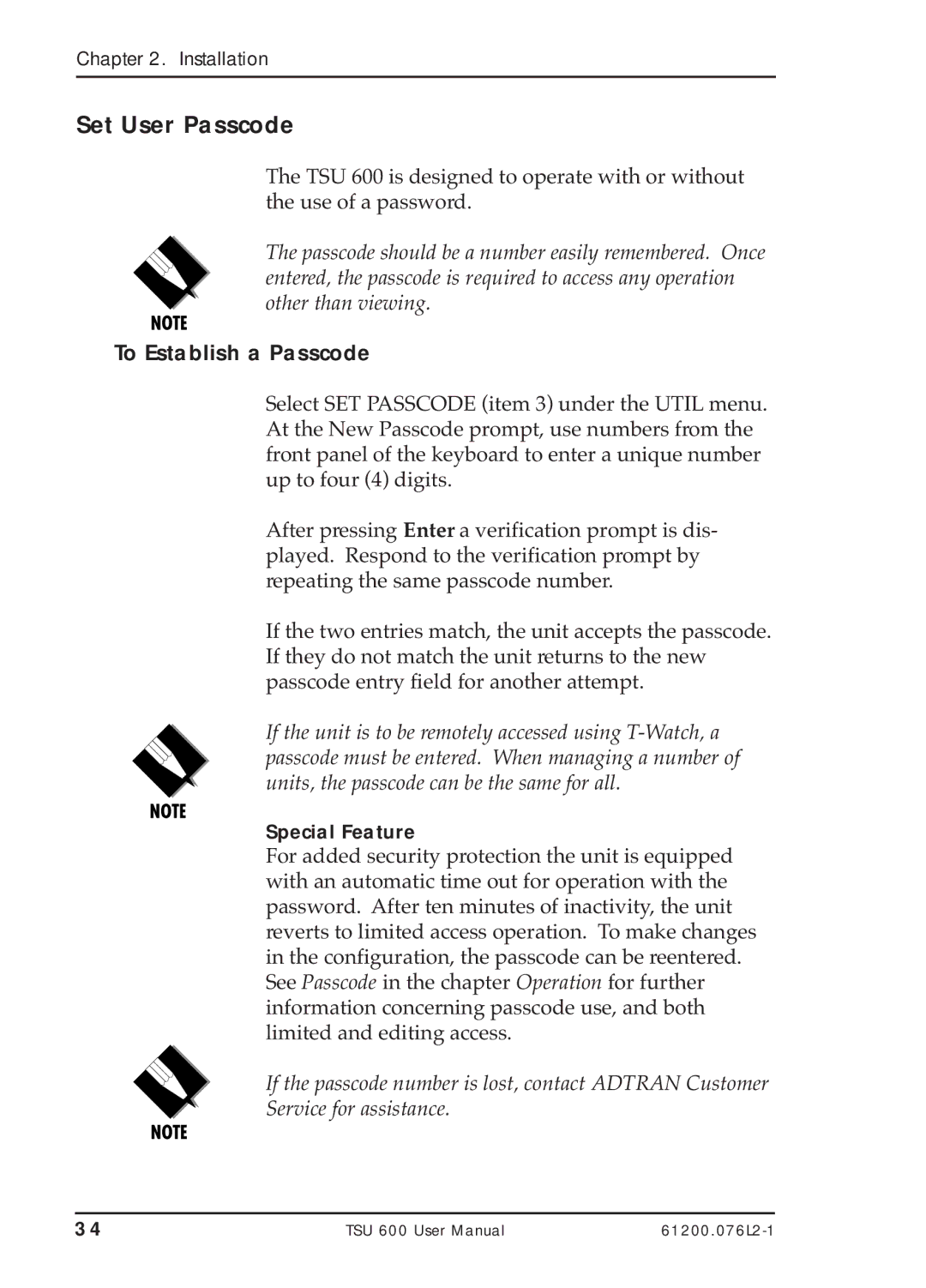 ADTRAN TSU 600 user manual Set User Passcode, To Establish a Passcode 