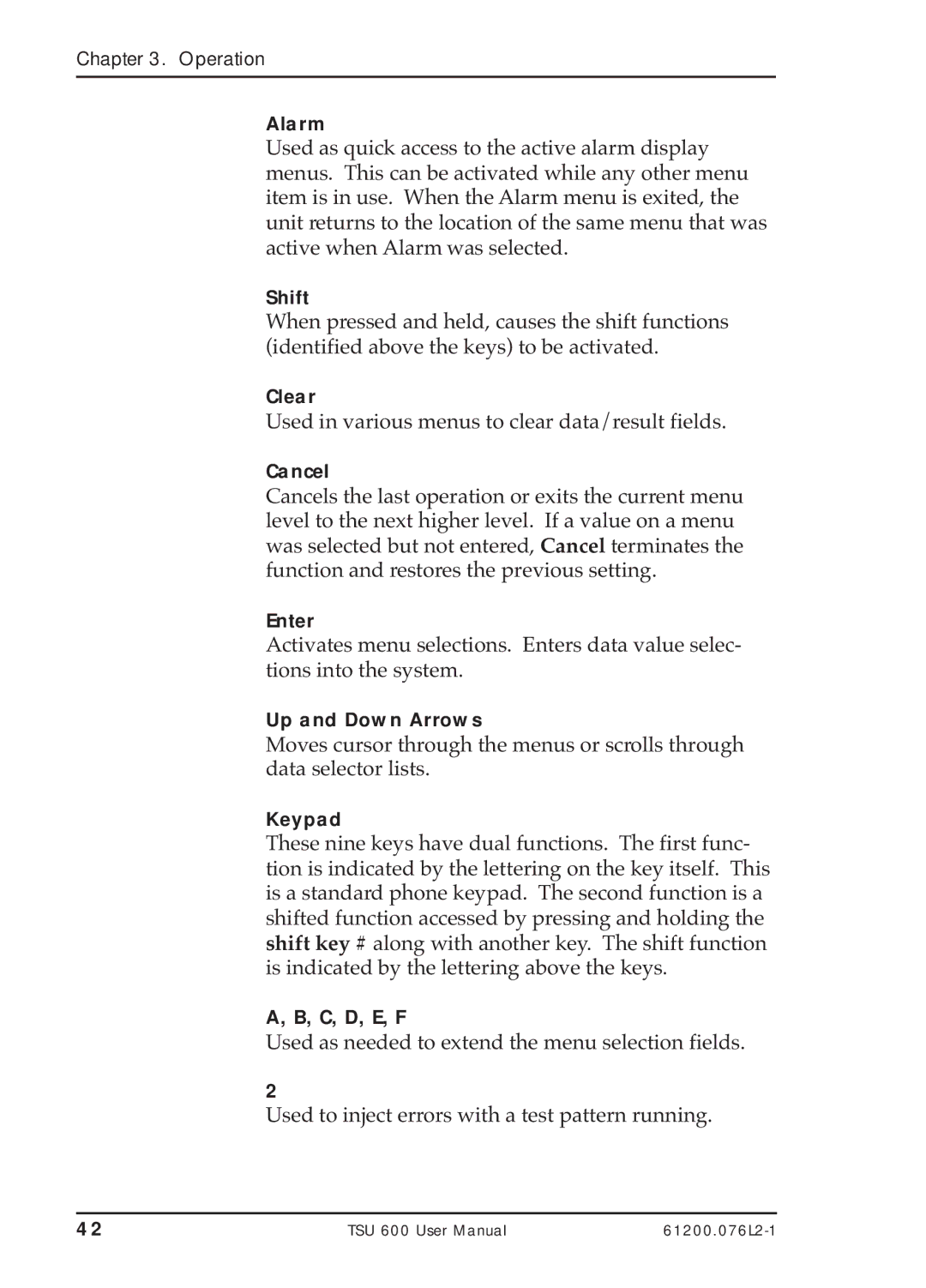 ADTRAN TSU 600 user manual Used in various menus to clear data/result fields 