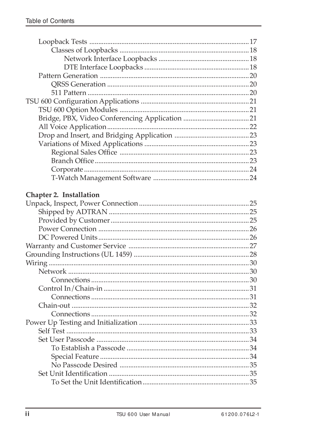 ADTRAN TSU 600 user manual Installation 