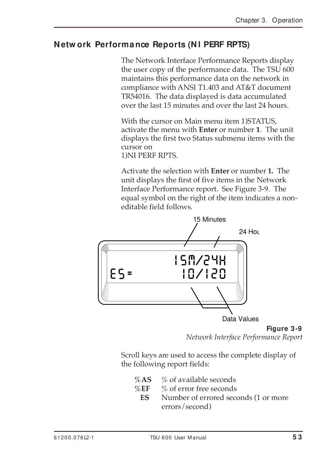 ADTRAN TSU 600 user manual Network Performance Reports NI Perf Rpts, 1NI Perf Rpts, Network Interface Performance Report 