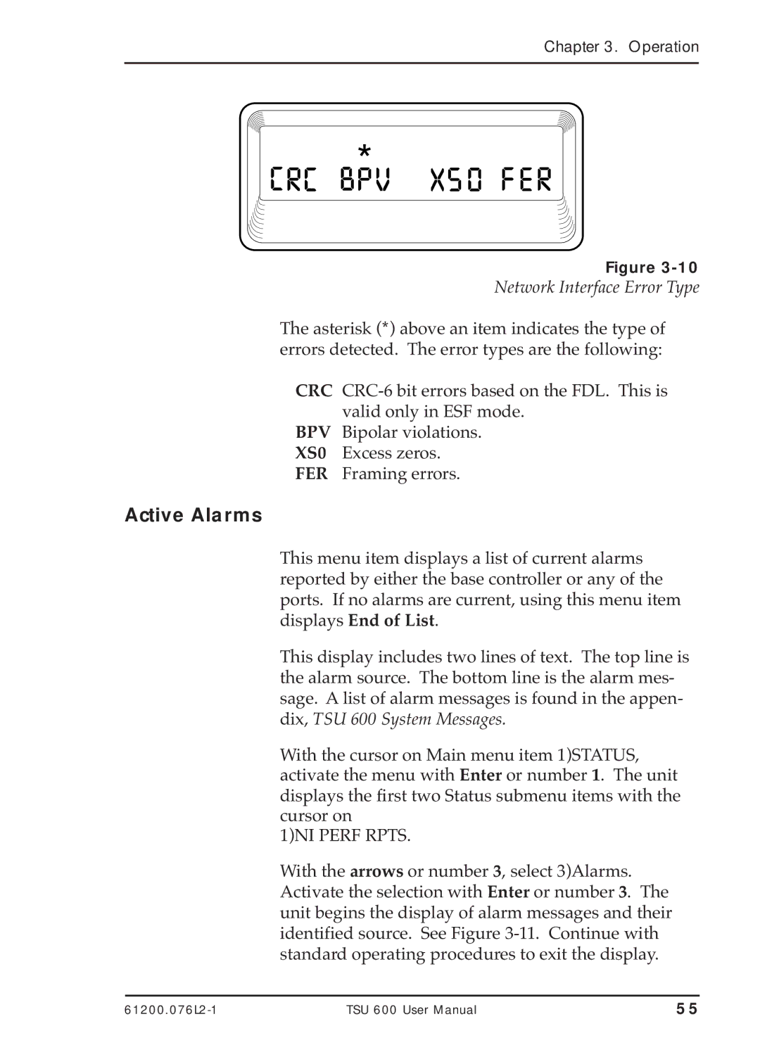 ADTRAN TSU 600 user manual Active Alarms, Network Interface Error Type 