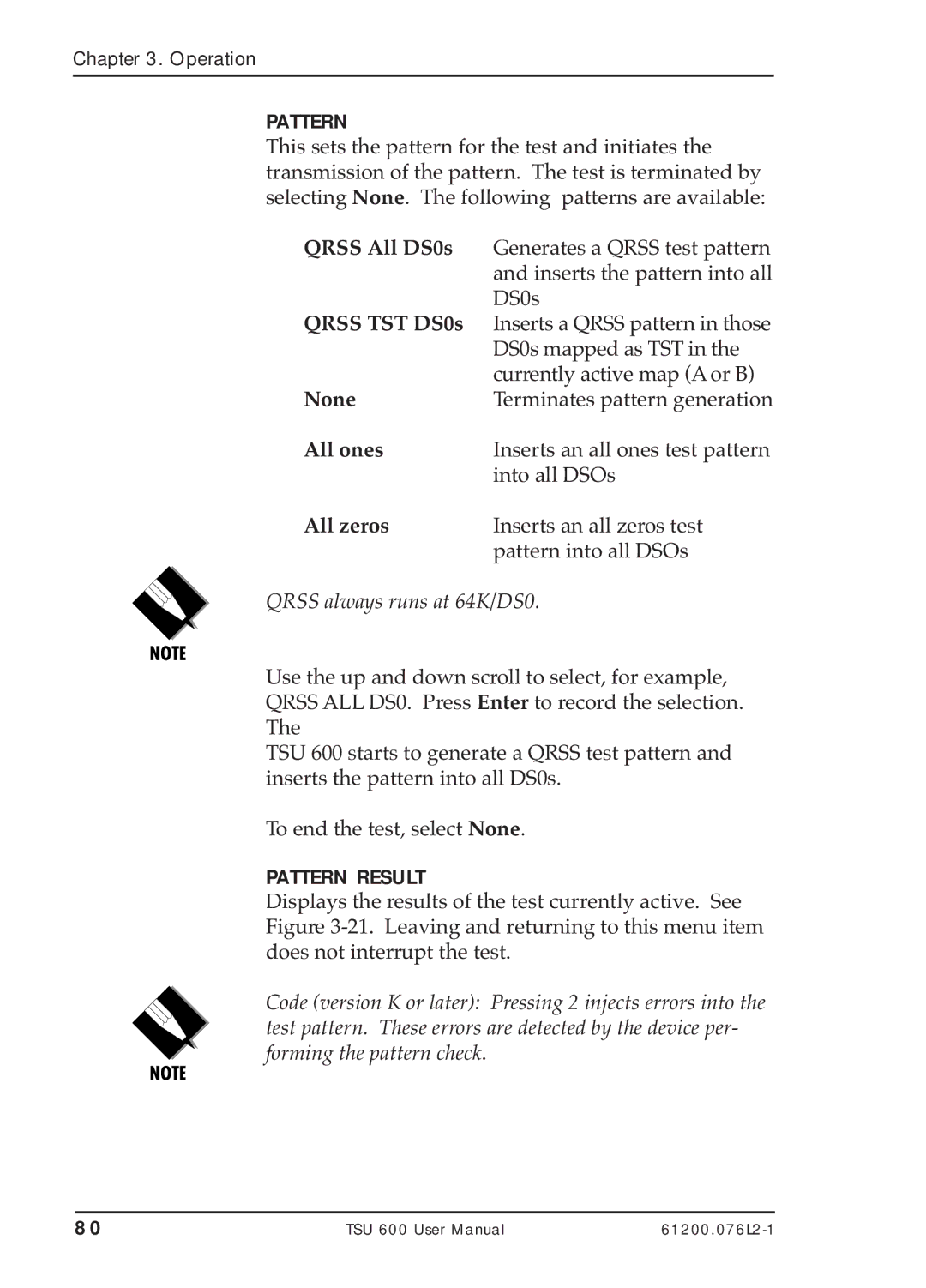 ADTRAN TSU 600 user manual All zeros, Qrss always runs at 64K/DS0 