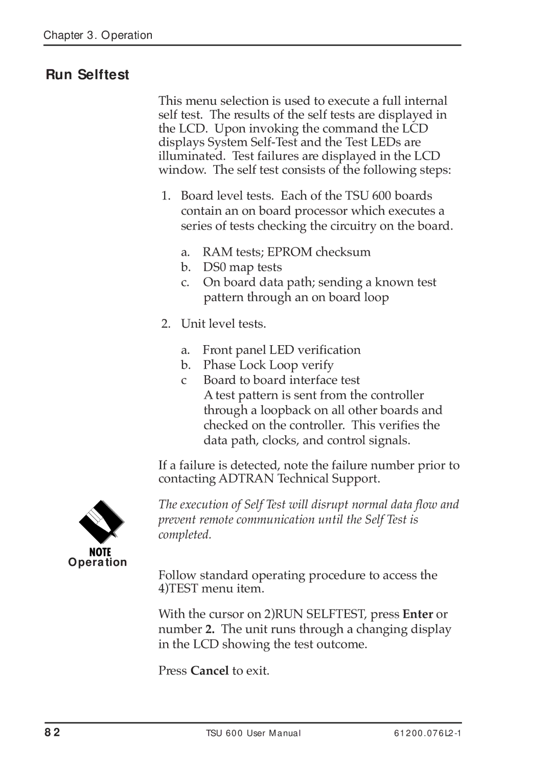 ADTRAN TSU 600 user manual Run Selftest 