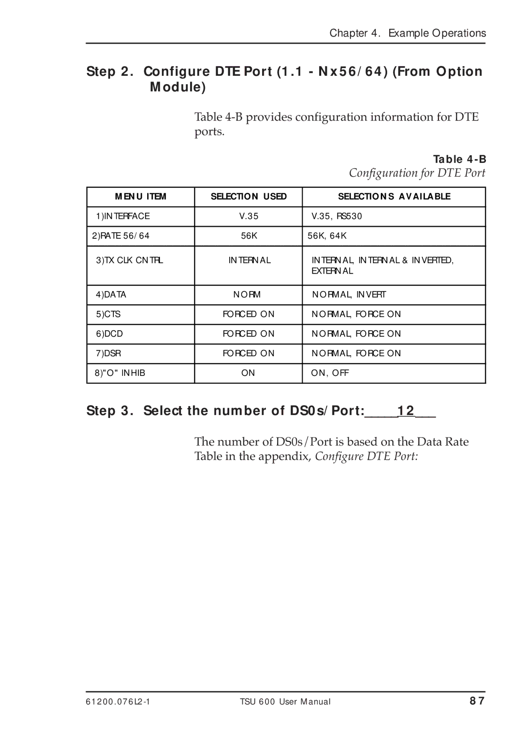 ADTRAN TSU 600 user manual Configure DTE Port 1.1 Nx56/64 From Option Module, Select the number of DS0s/Port12 