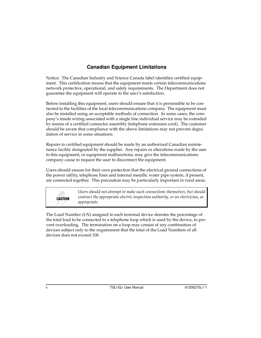 ADTRAN TSU IQ+, 1204002L2 user manual Canadian Equipment Limitations 