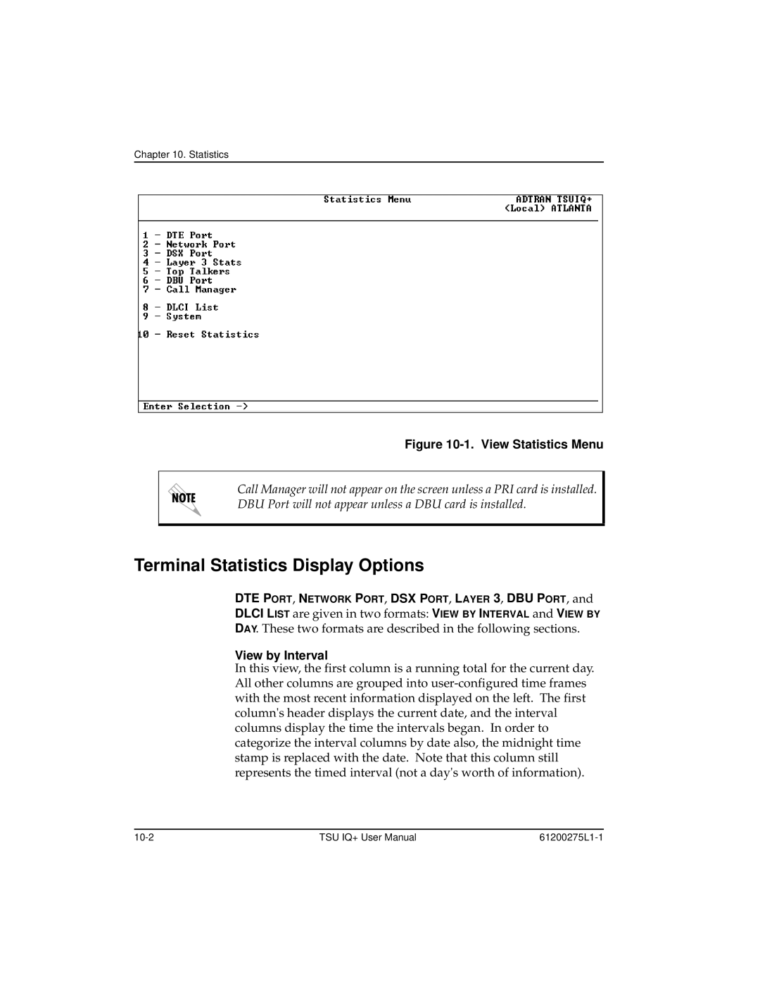 ADTRAN TSU IQ+, 1204002L2 user manual Terminal Statistics Display Options, View by Interval 