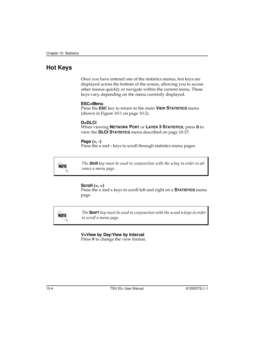 ADTRAN TSU IQ+, 1204002L2 user manual Hot Keys, ESC=Menu, Scroll, =View by Day/View by Interval 