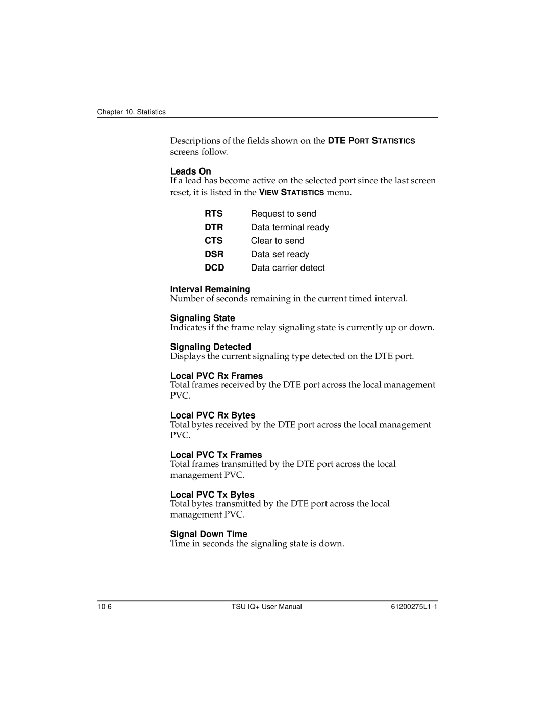 ADTRAN TSU IQ+ Leads On, Interval Remaining, Signaling State, Signaling Detected, Local PVC Rx Frames, Local PVC Rx Bytes 