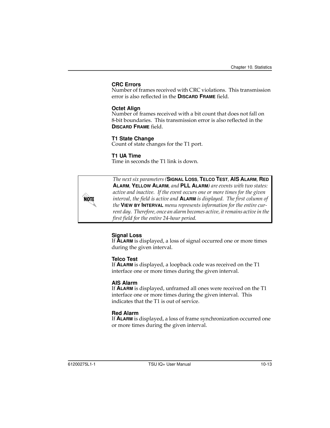 ADTRAN 1204002L2, TSU IQ+ user manual T1 State Change, T1 UA Time, Signal Loss, Telco Test, AIS Alarm, Red Alarm 