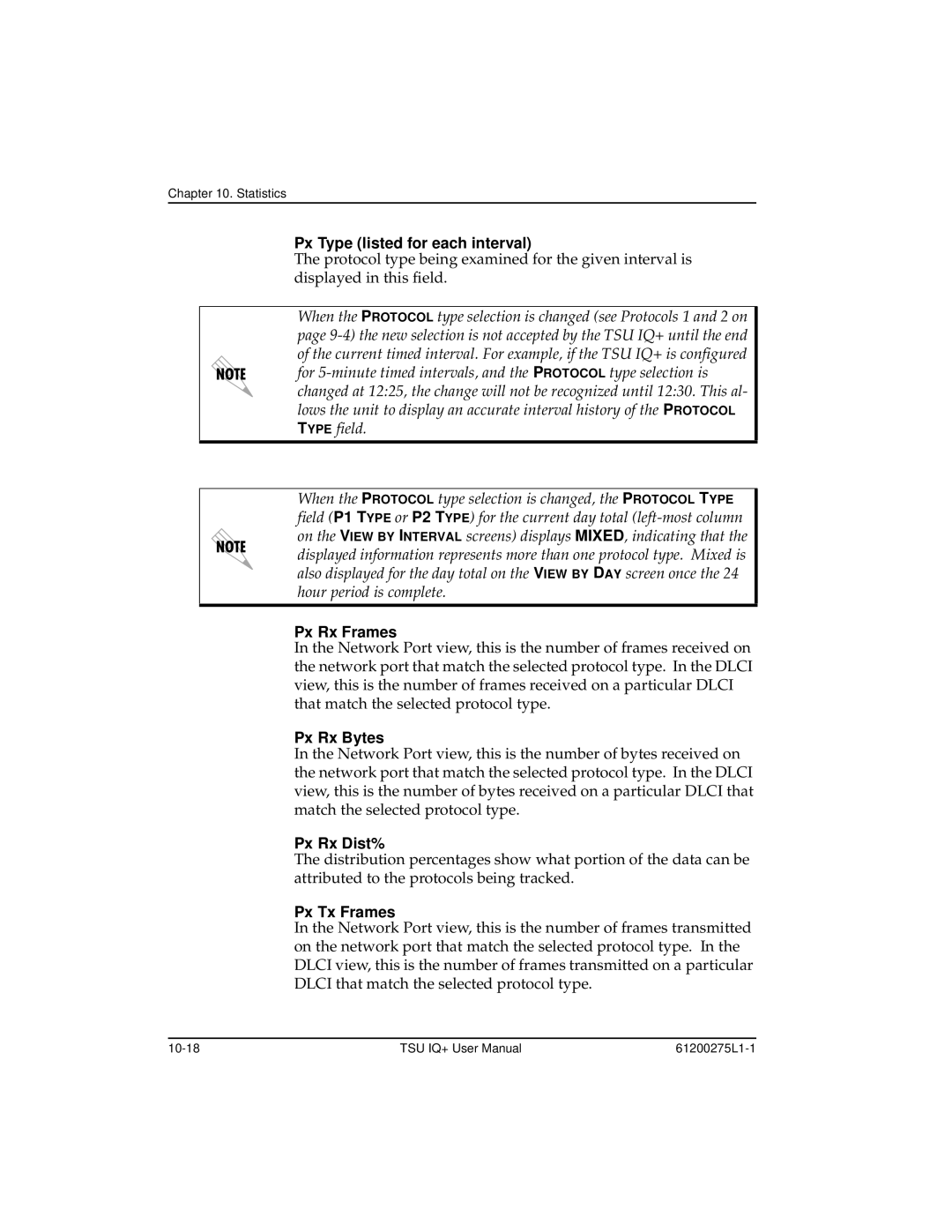 ADTRAN TSU IQ+, 1204002L2 user manual Px Type listed for each interval, Px Rx Frames, Px Rx Bytes, Px Rx Dist%, Px Tx Frames 
