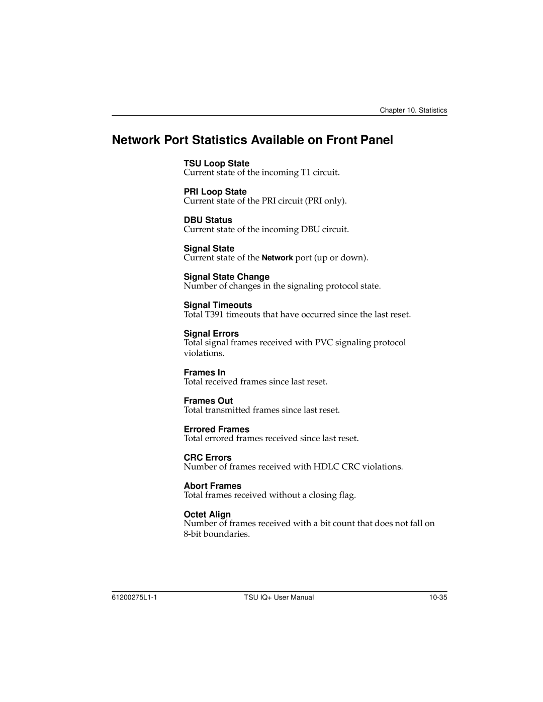 ADTRAN 1204002L2, TSU IQ+ user manual Network Port Statistics Available on Front Panel 