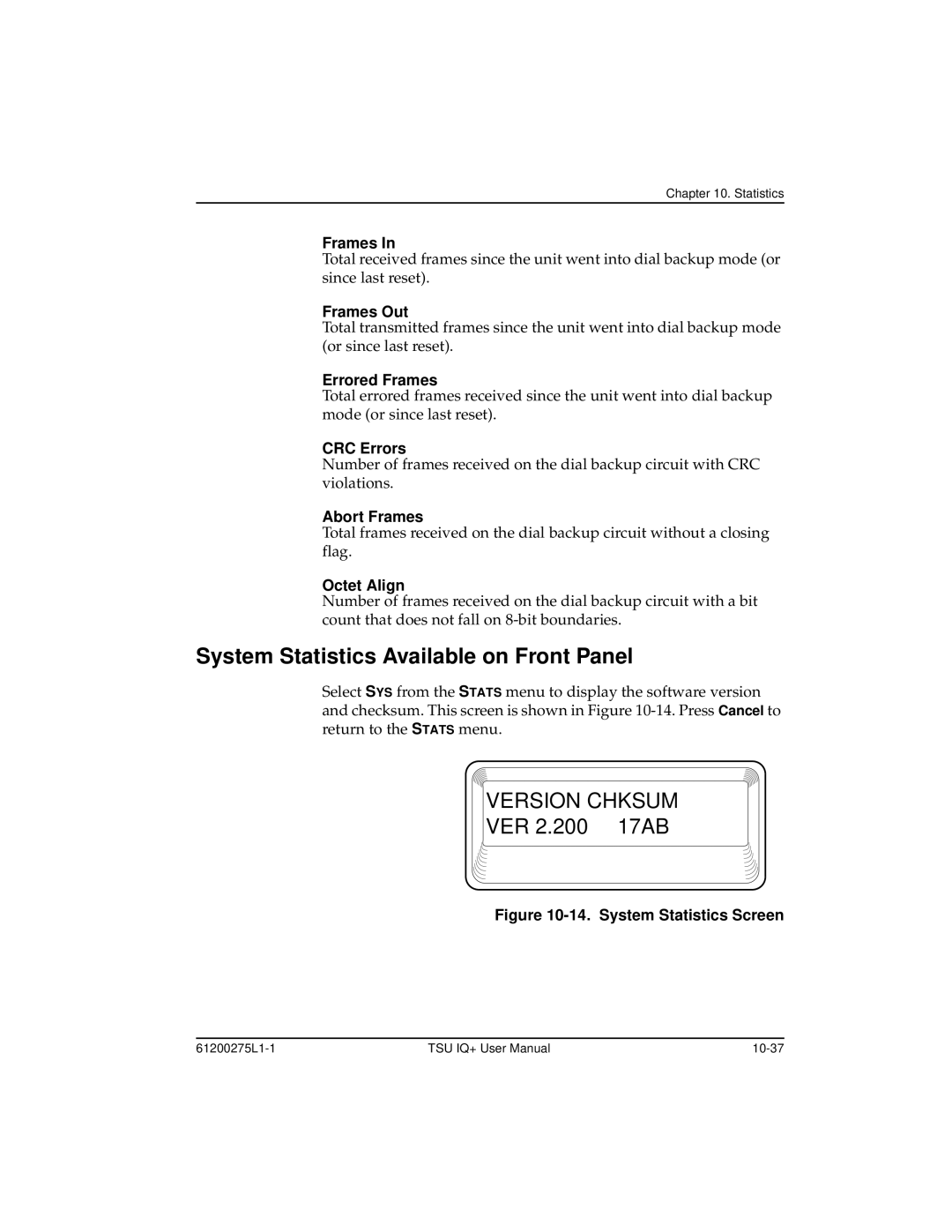 ADTRAN 1204002L2, TSU IQ+ user manual System Statistics Available on Front Panel, System Statistics Screen 