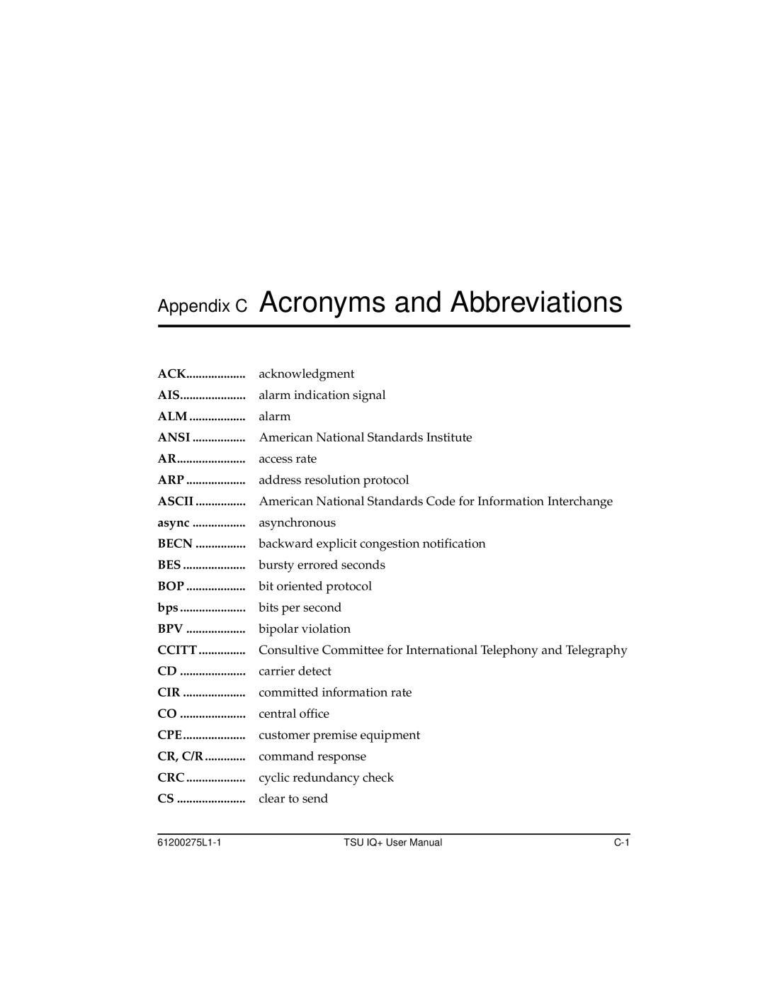 ADTRAN 1204002L2, TSU IQ+ user manual Appendix C Acronyms and Abbreviations 