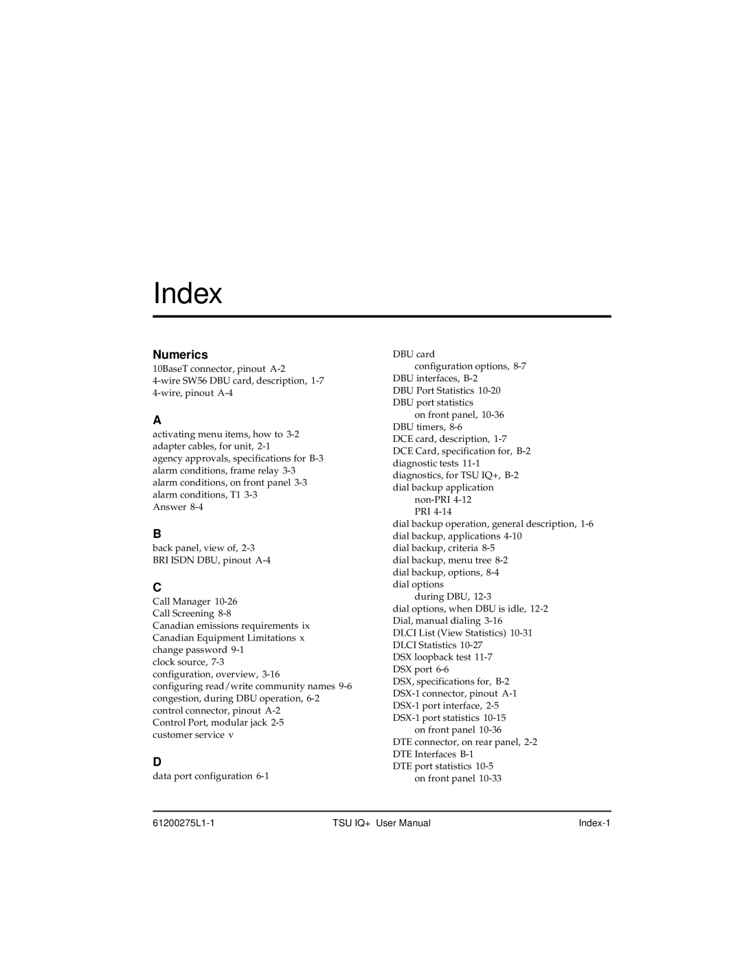 ADTRAN 1204002L2, TSU IQ+ user manual Index, Numerics 