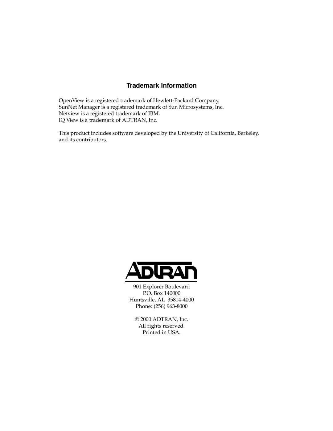 ADTRAN TSU IQ+, 1204002L2 user manual Trademark Information 