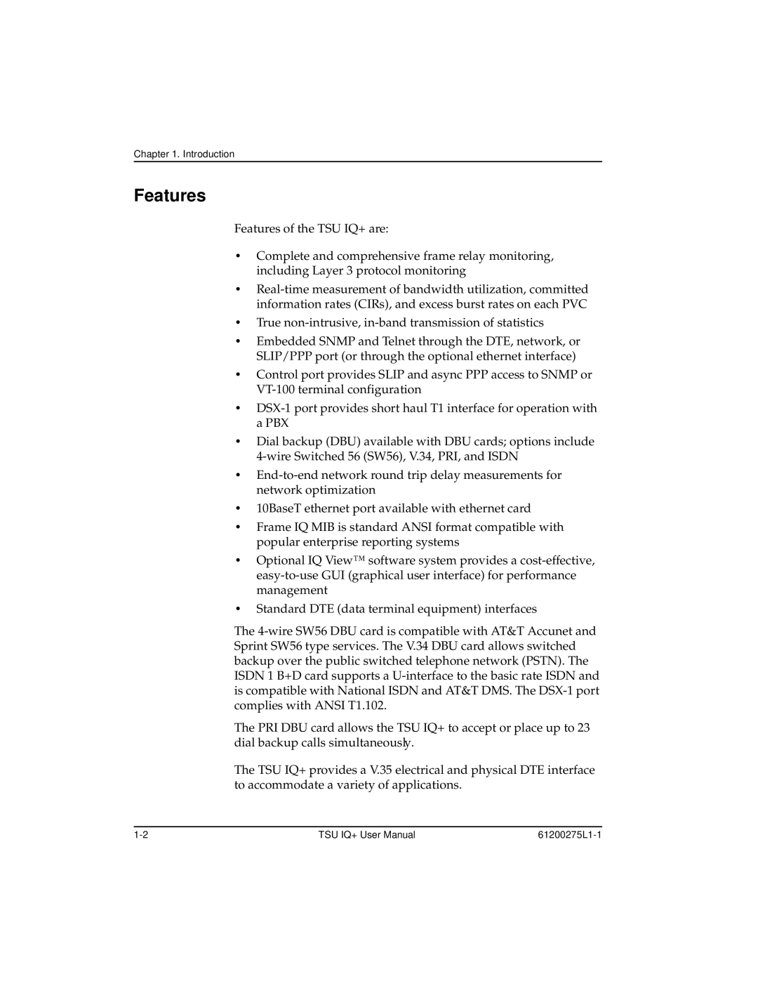 ADTRAN TSU IQ+, 1204002L2 user manual Features 