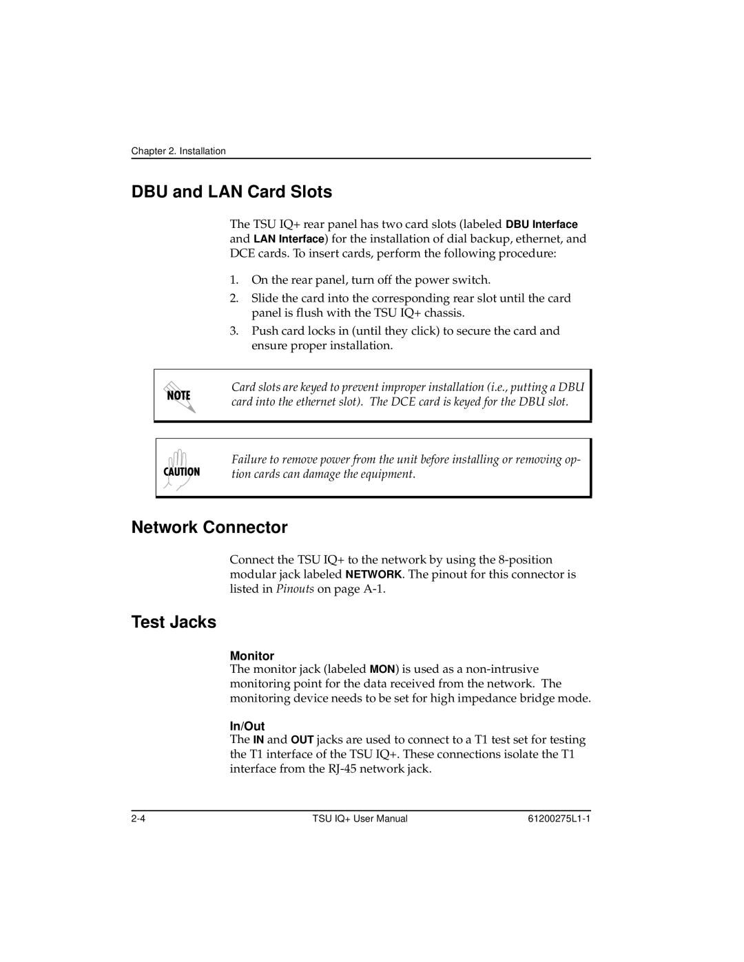 ADTRAN TSU IQ+, 1204002L2 user manual DBU and LAN Card Slots, Network Connector, Test Jacks, Monitor, In/Out 