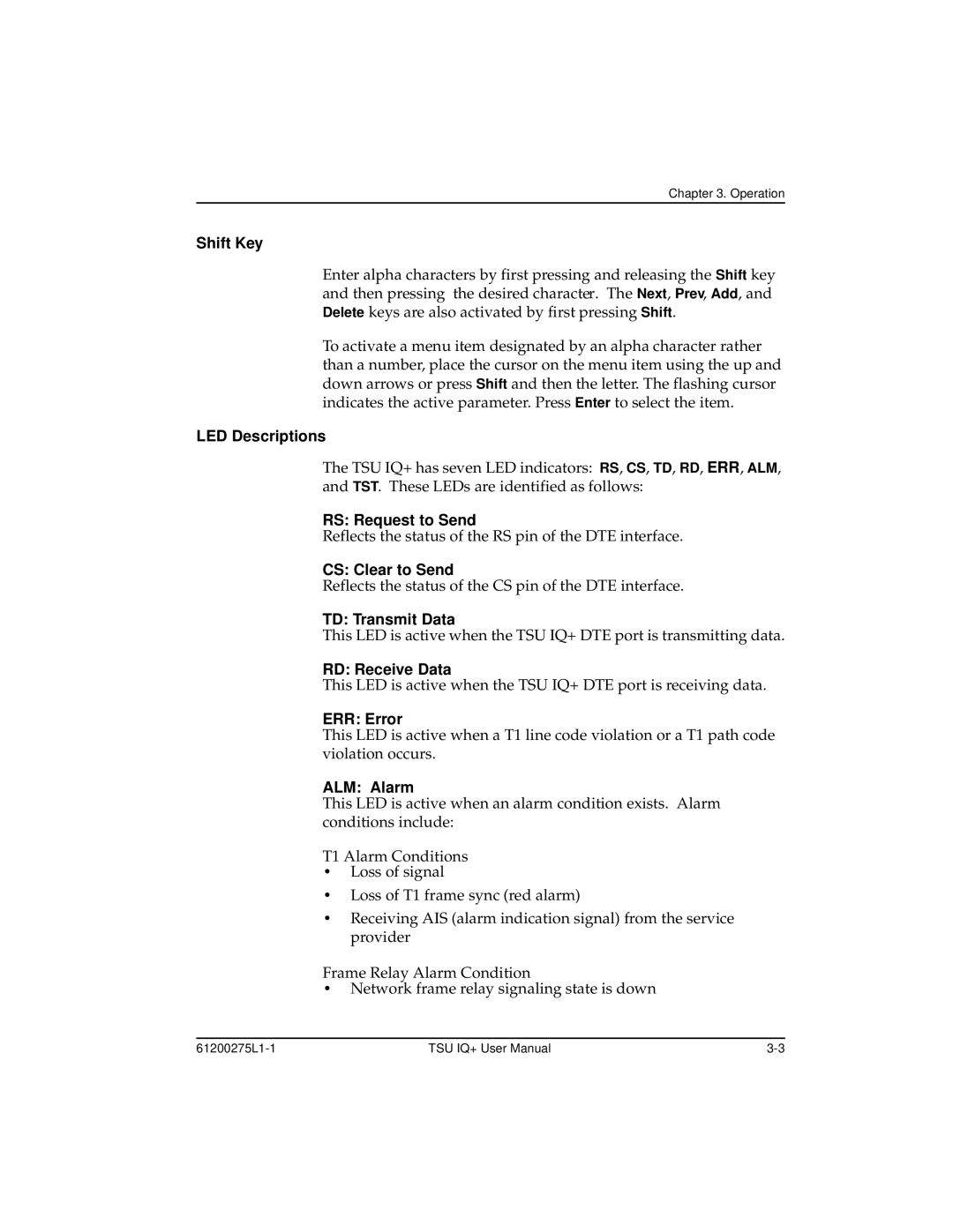 ADTRAN 1204002L2 Shift Key, LED Descriptions, RS Request to Send, CS Clear to Send, TD Transmit Data, RD Receive Data 