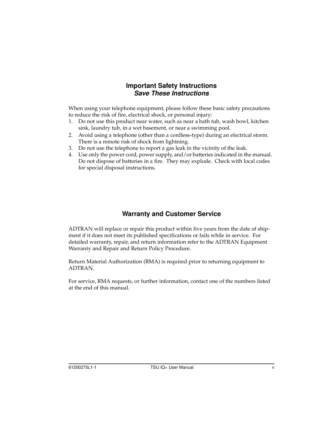 ADTRAN 1204002L2, TSU IQ+ user manual Important Safety Instructions 